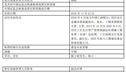 工银瑞信基金任命杨帆为总经理 张桦为副总经理
